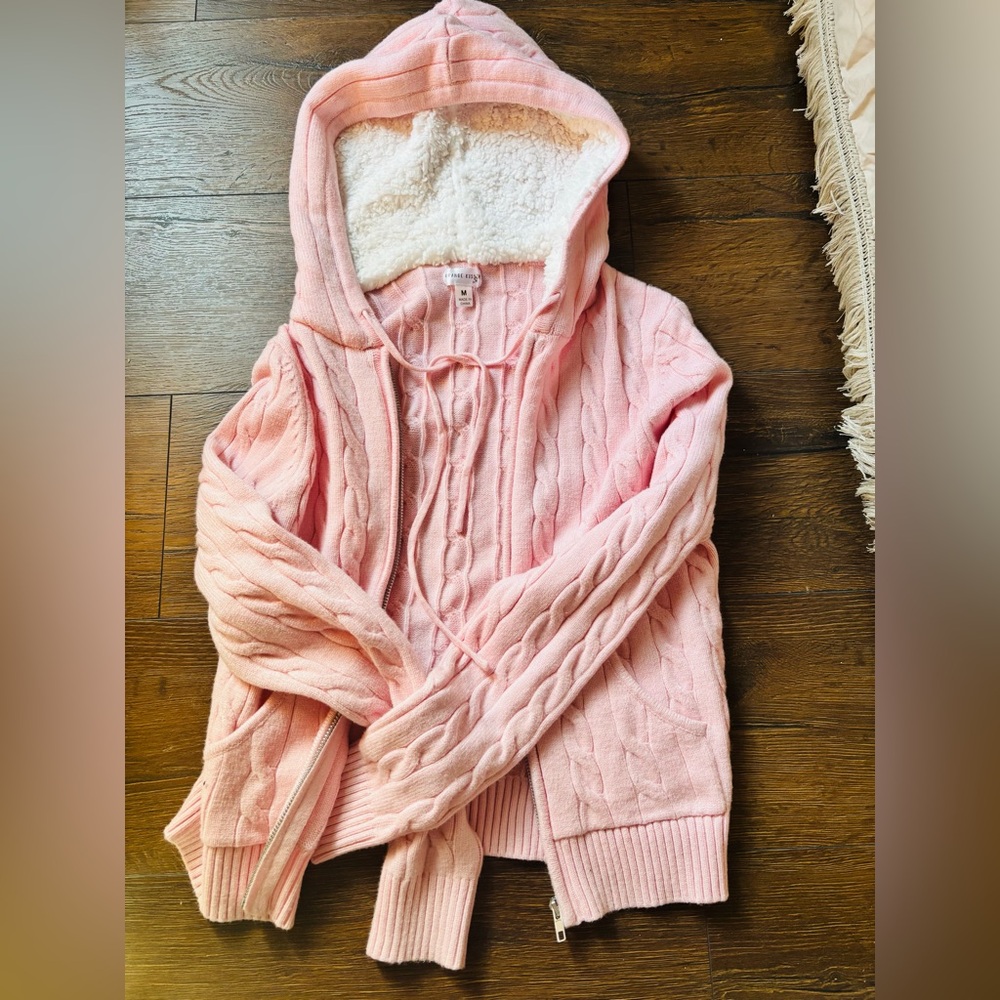 Pink knit hooded sweater with white fur trim , adorable jacket